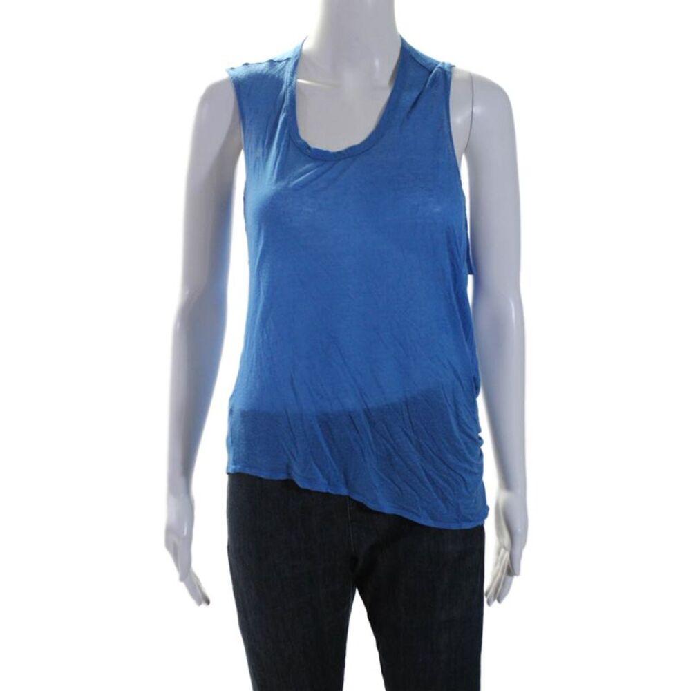 Helmut Womens Linen Blend Short Sleeves Pullover Tee Shirt Blue Size Petite